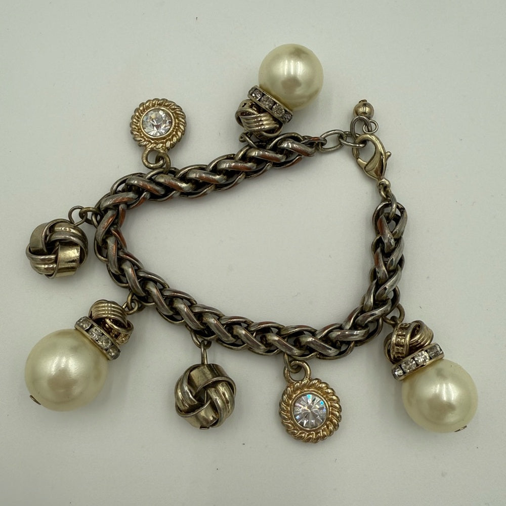 Elegant Vintage Silver-Tone Pearl and Sparkle Charm Bracelet