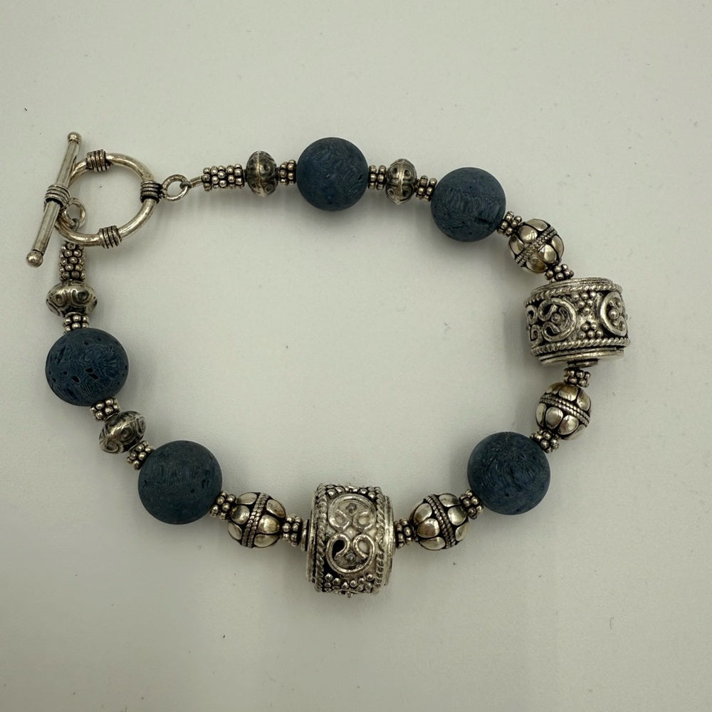 Blue Coral and Bali Sterling Silver Beaded Bracelet With Toggle Clasp