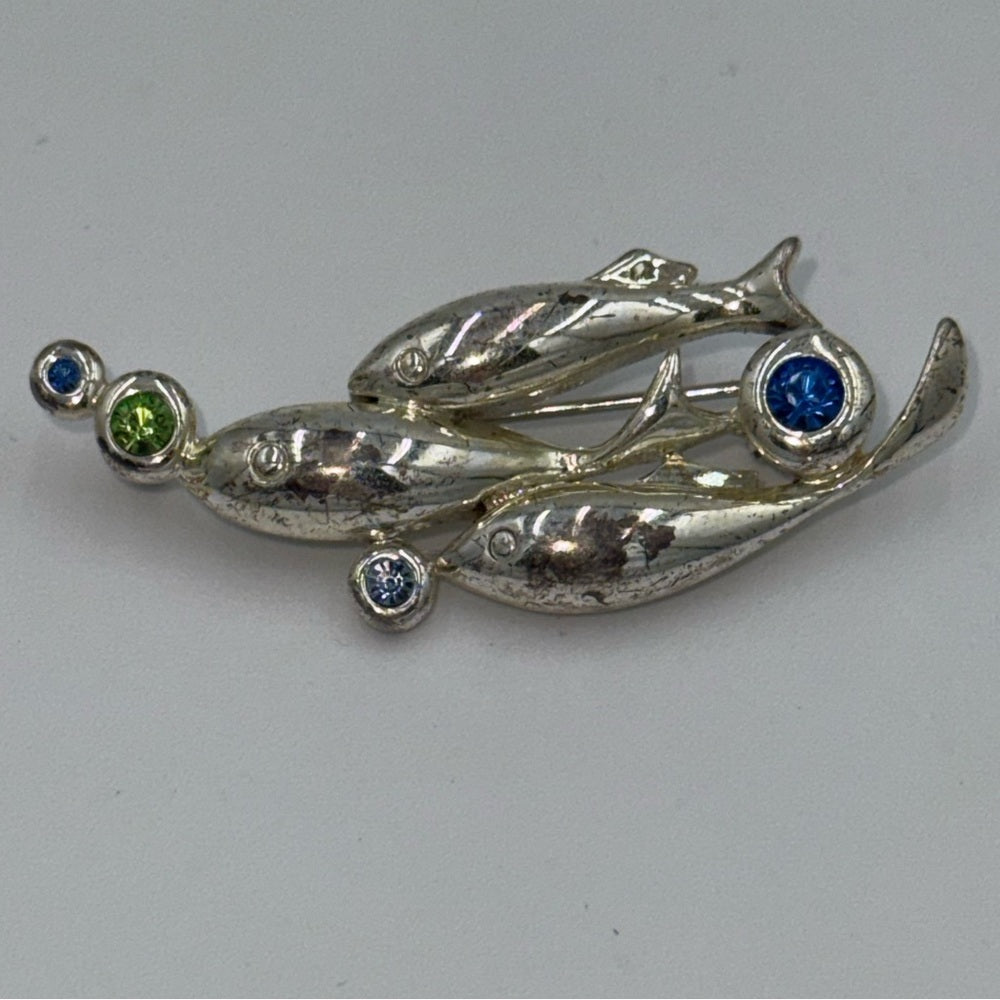 Vintage Silver Fish Brooch With Blue and Green Sparky CZ Accents
