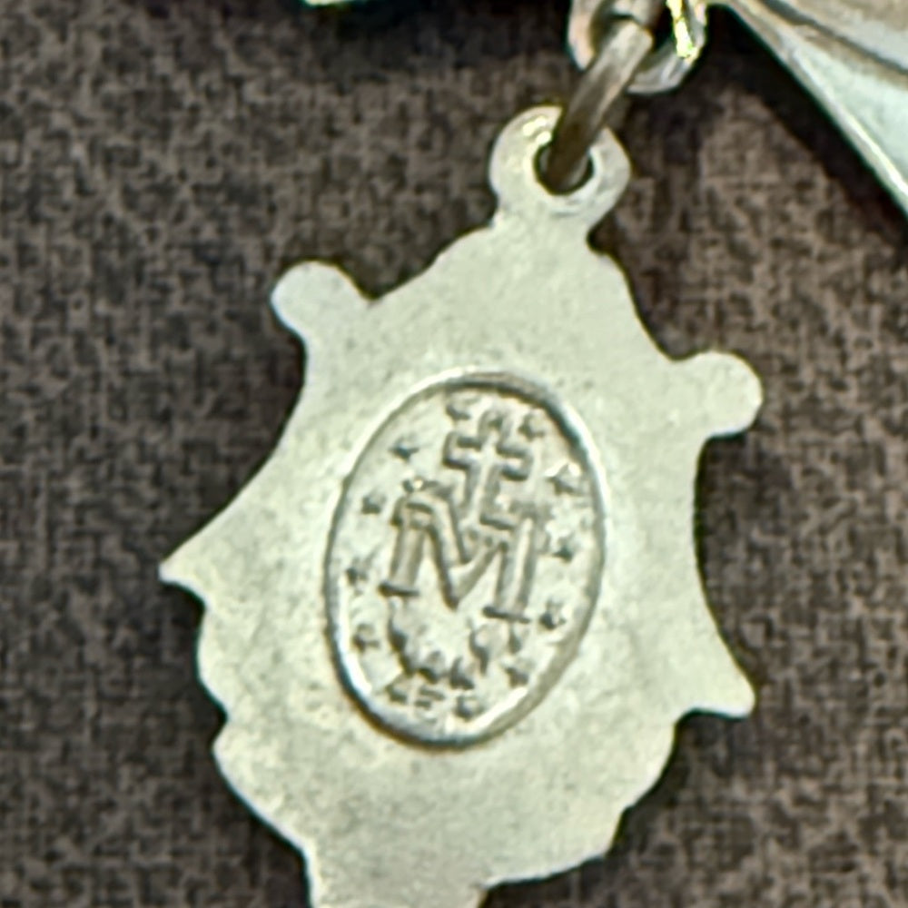 Vintage Silver-Tone and Turquoise Blue Bow Marion Cross Catholic Pendant Brooch