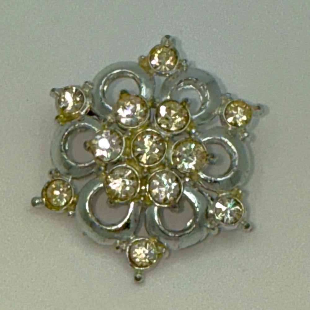 Vintage Elegant Silver-Tone Floral Brooch With Sparkling CZ Accents