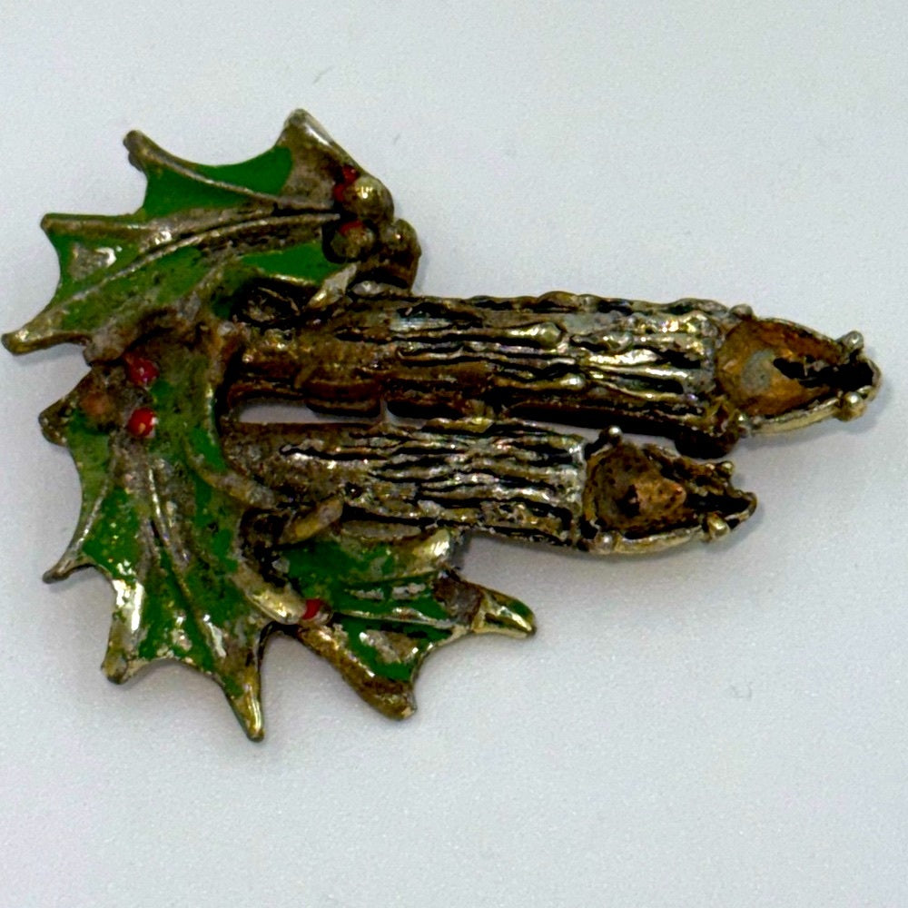 Vintage Festive Holly and Yule Log Brooch