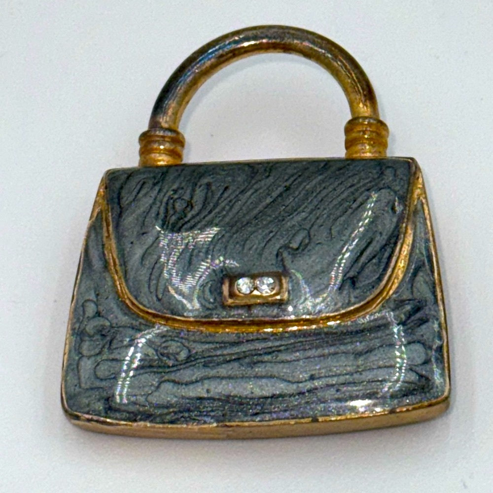 Vintage Gray and Gold-Tone Women's Enamel-Coated Handbag Brooch w/CZs