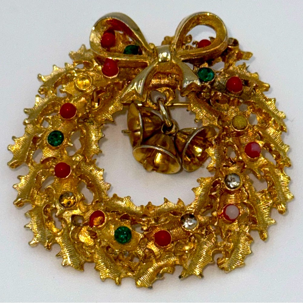 Vintage Gold-Tone Wreath Brooch with Red and Green Accents and Bell Dangles