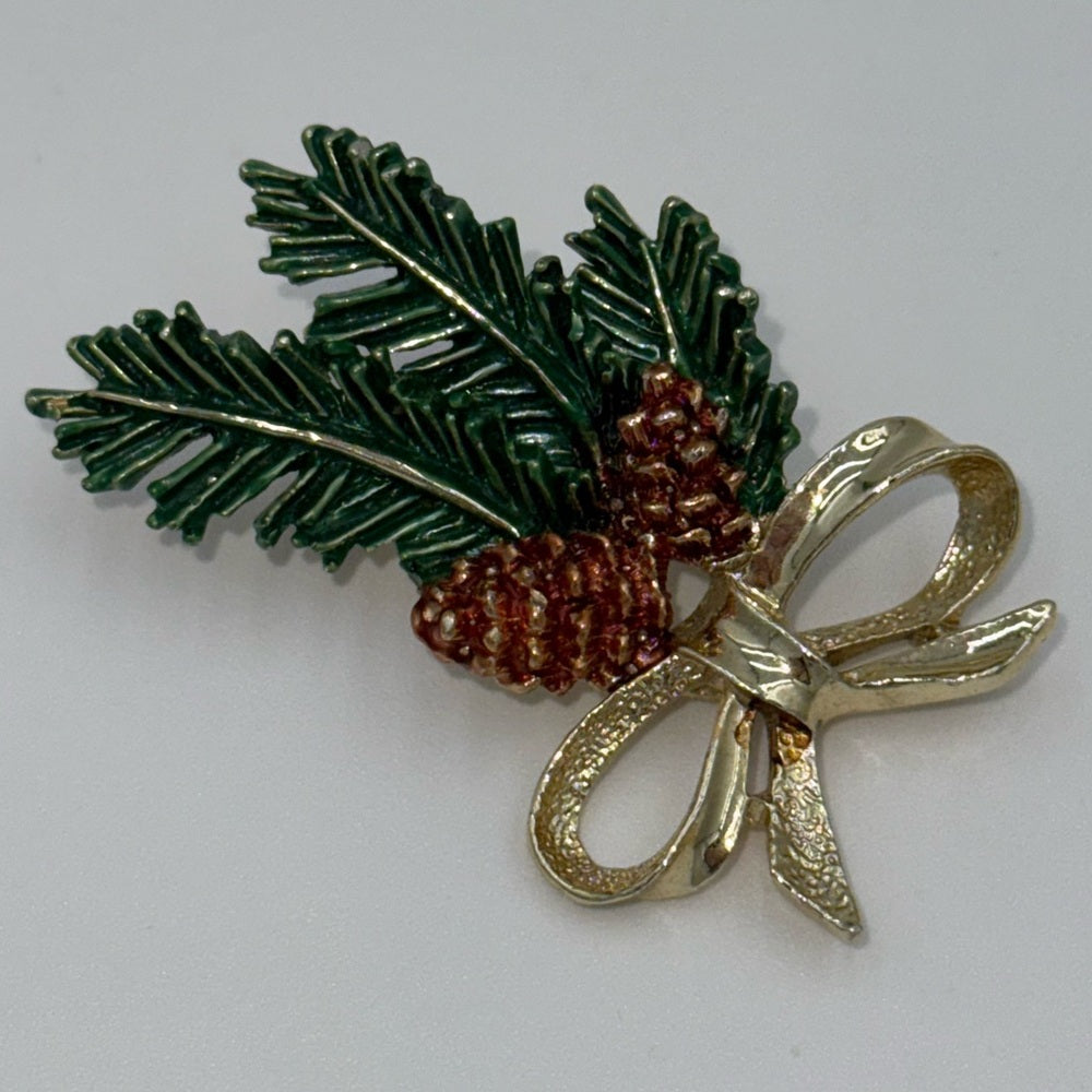Vintage Green and Gold-Tone Pinecone and Evergreen Brooch