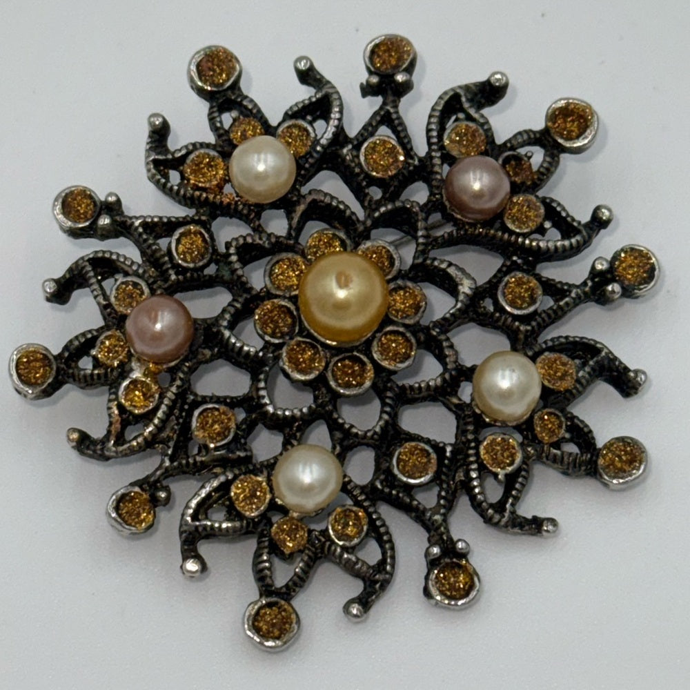 Vintage Gold-Tone Brooch With Faux Pearls and Amber CZ Crystal Accents