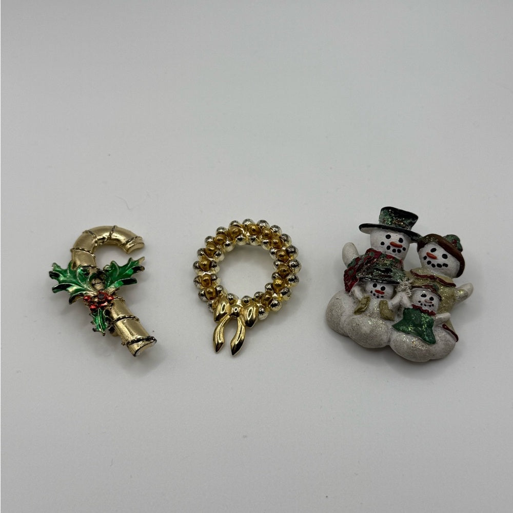 Festive Vintage Holiday Brooch Bundle of 3 - Candy Cane, Wreath, Snow Family