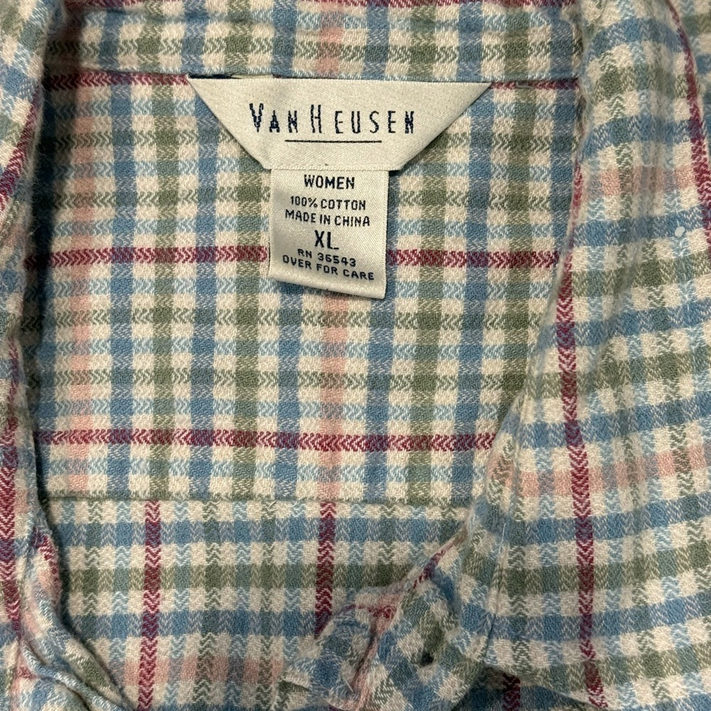 Vintage Van Heusen Blue, Mauve & Pink Checkered Flannel Shirt Ladies Size XL