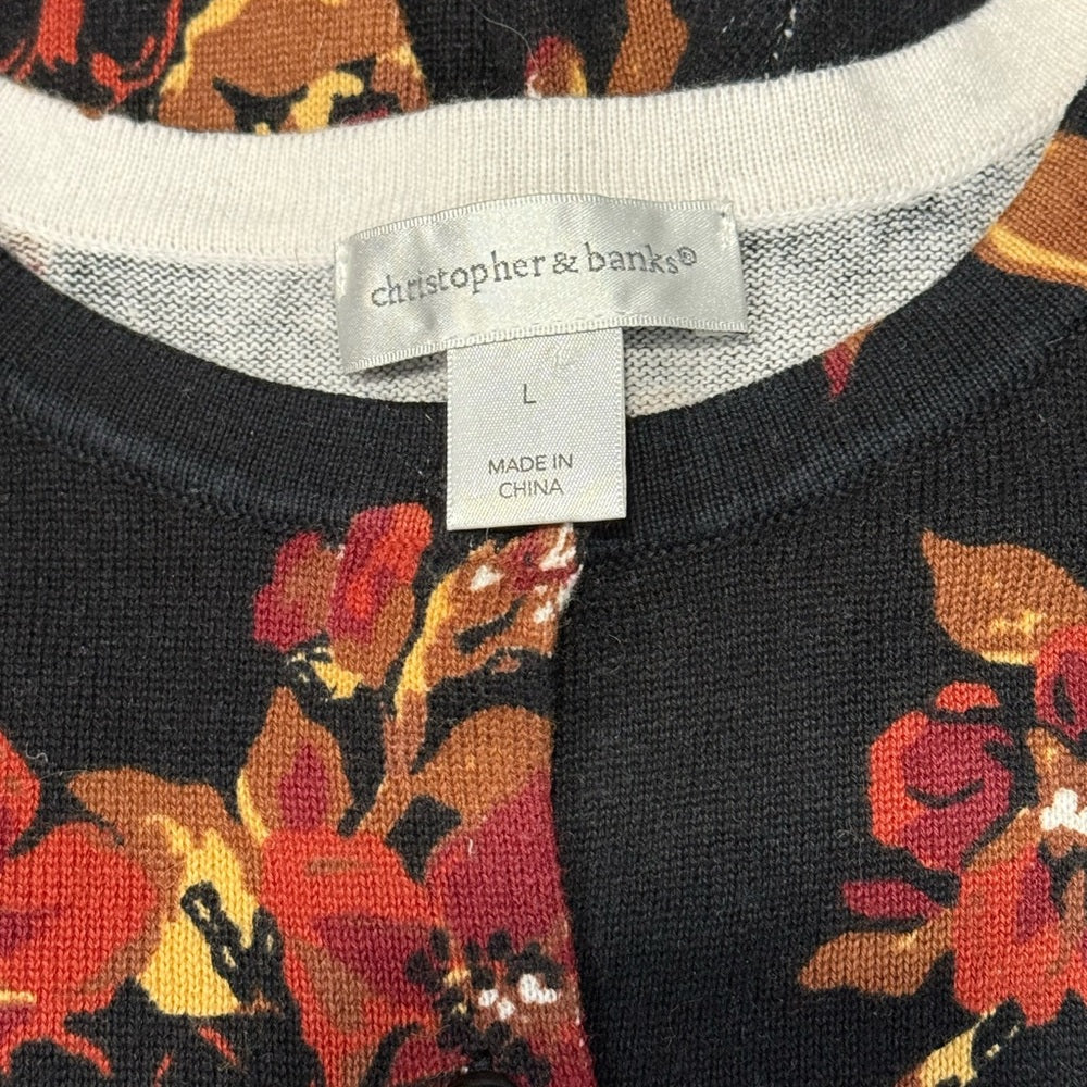 Christopher & Banks Black Cardigan with Orange and Brown Floral Design Sz Large