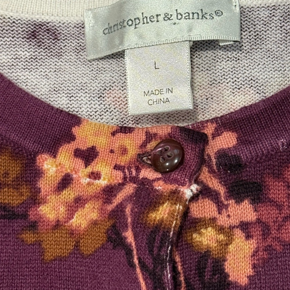 Christopher & Banks Plum Cardigan With Pink Floral Pattern Ladies Size Large