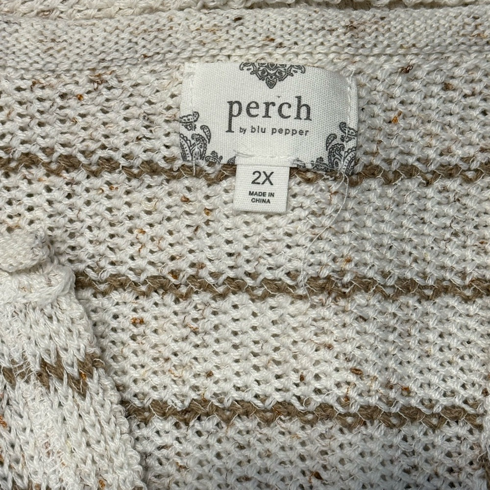 Stylish V-Neck Loose-Knit Sweater in Cream and Beige by Perch Women’s 2X