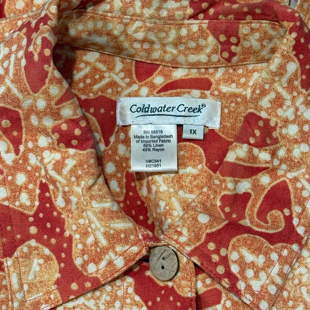 Coldwater Creek Red and Orange Patterned Linen Jacket Size 1X