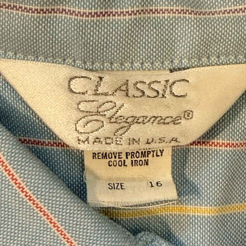 Vintage Classic Elegance Light Blue Striped Button-Down Shirt Ladies Size 16