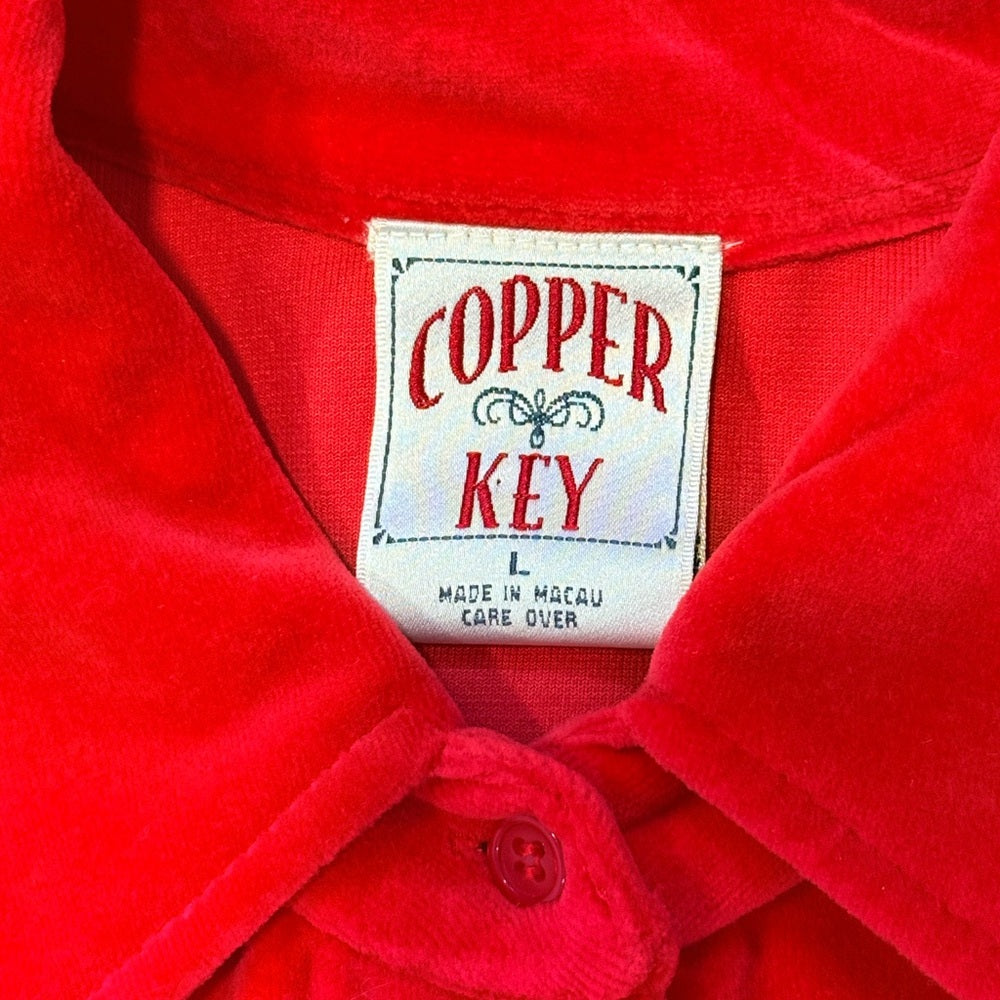 Vintage Copper Key Vibrant Red Velour Button-Front Shirt Ladies Size Large