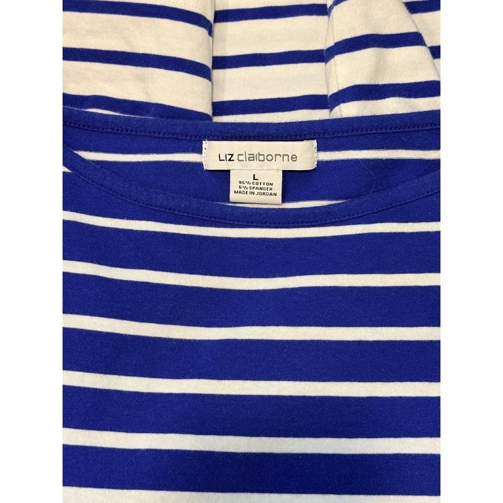 Liz Claiborne Royal Blue and White Striped Cap-Sleeve Tee Ladies Size Large