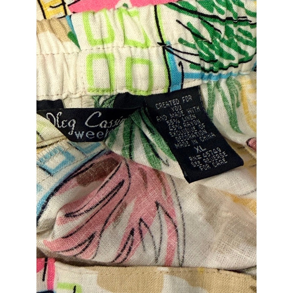 NWT Oleg Cassini Linen Pull-On Summertime Print Pants Ladies Sz XL