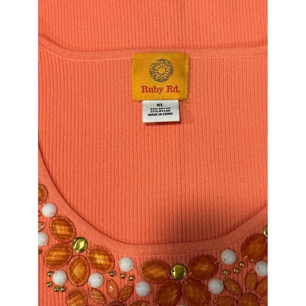 Ruby Rd. Coral Ribbed Tank With Bead Embellishments Size XL