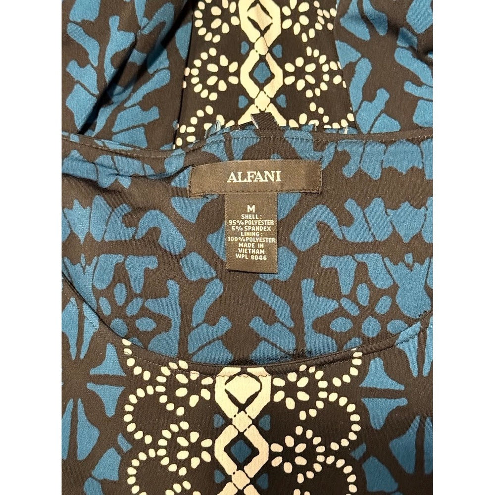 Alfani Teal, Black & White Long-Sleeve Abstract Print Blouse Size Medium
