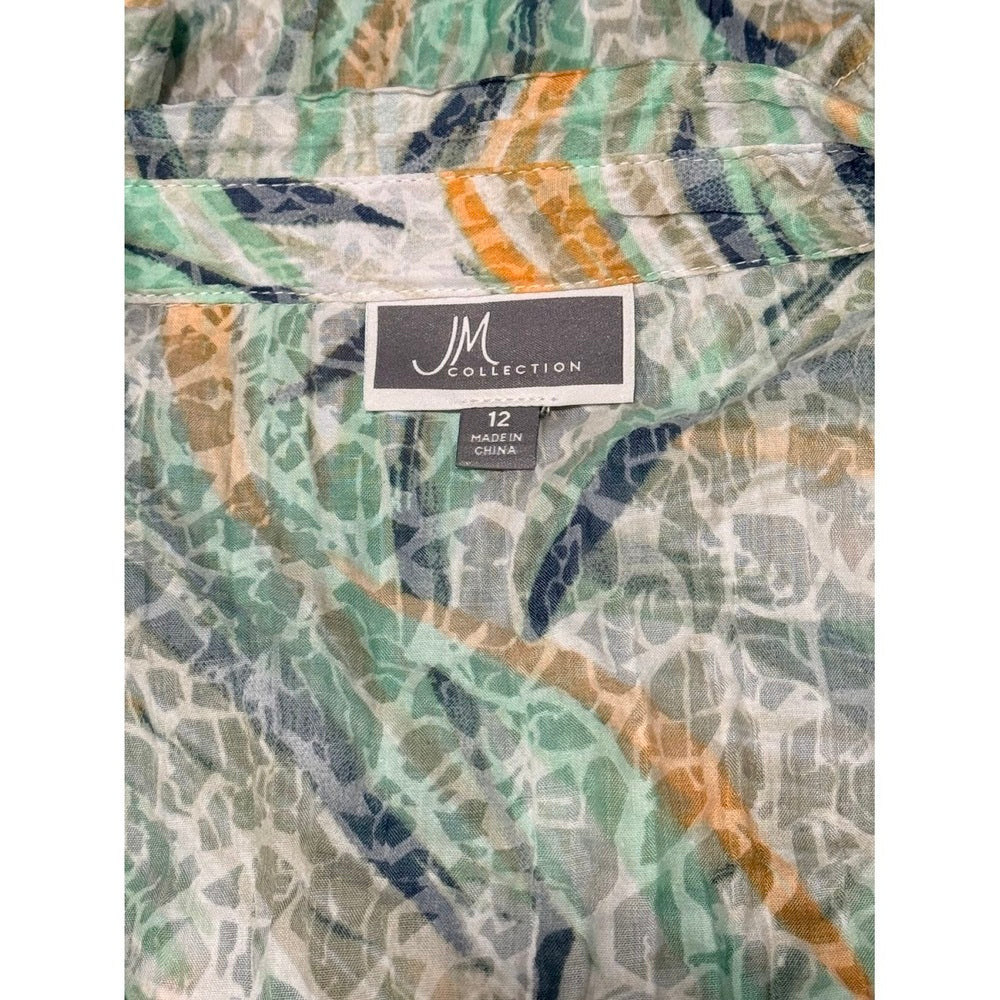 JM Collection Sheer Button-Front Blue & Green Floral Blouse Ladies Sz 12