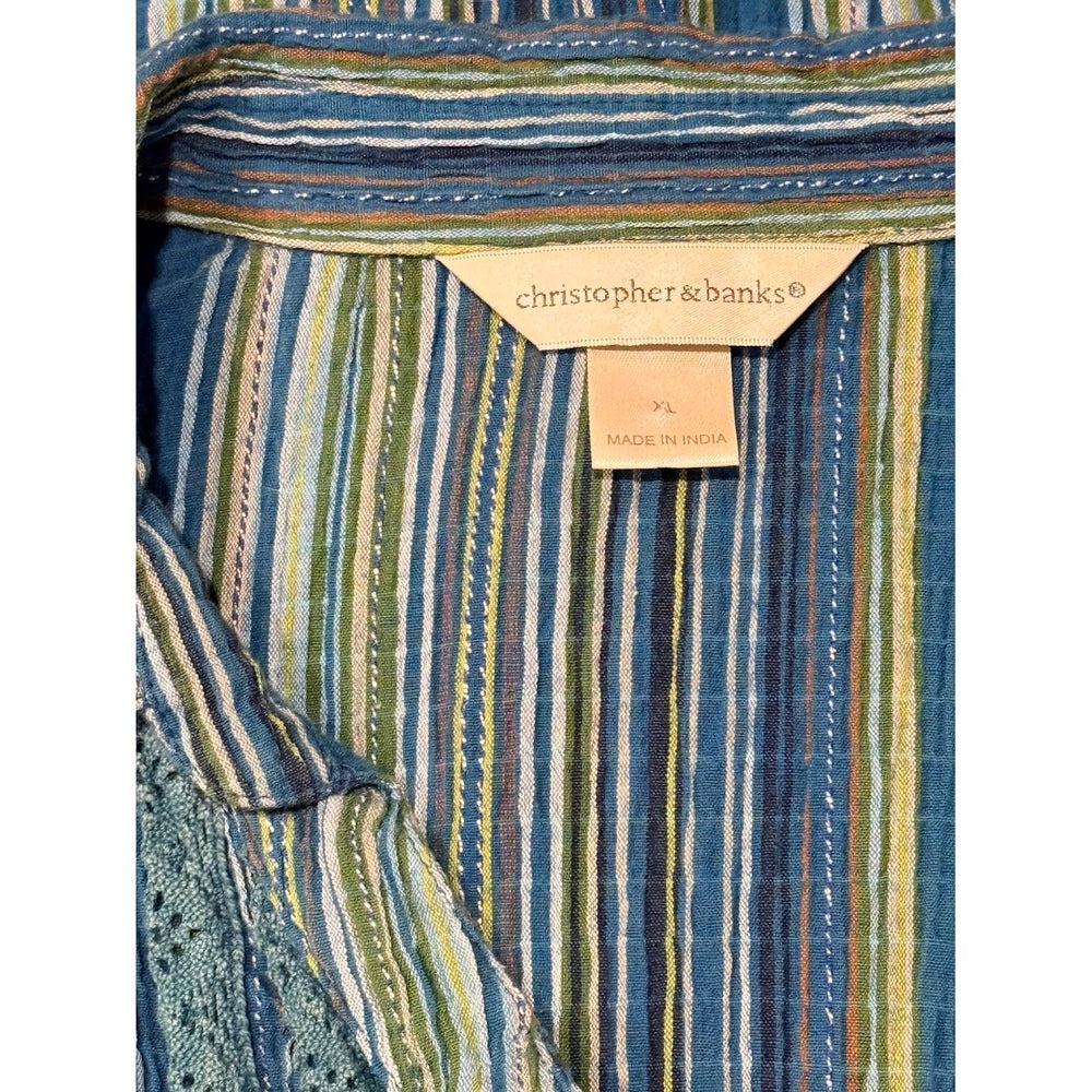 Vintage Christopher & Banks Blue & Green Gauzy Striped Blouse Sz XL