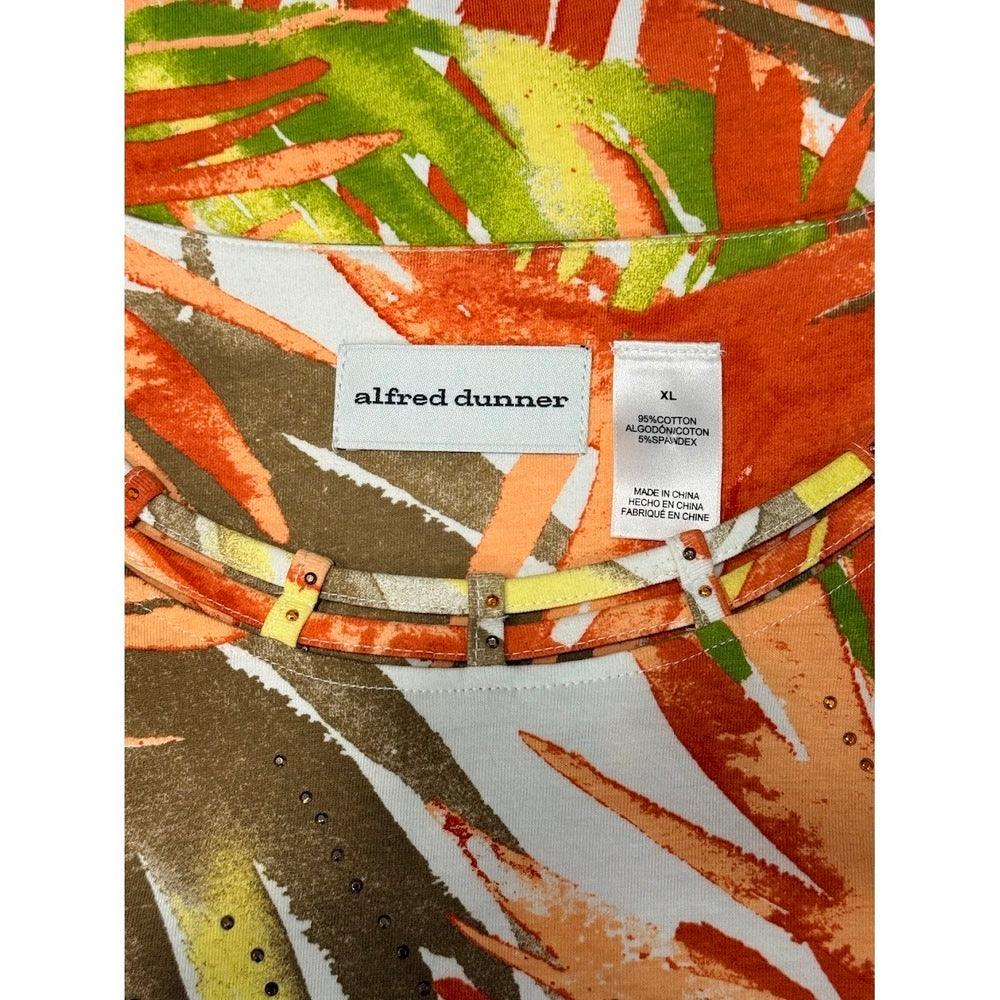 Alfred Dunner Tropical Leaves 3/4-Length Sleeve Tee w/ Sparkles Size XL