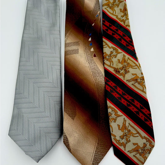 Bundle of 3! Men’s Vintage Elegant Ties - Gray, Brown, and Red w/ Gold