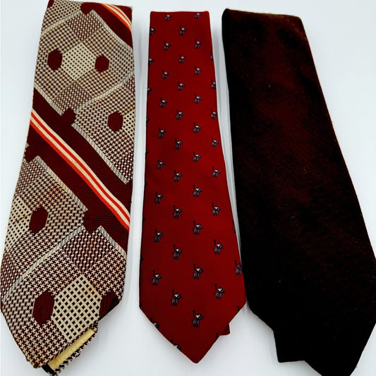 Bundle of 3! Men’s Vintage Tie Set - Red, Brown, and Retro Patterned