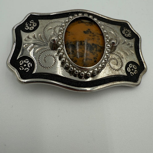Silver and Black Belt Buckle with Stone Accent