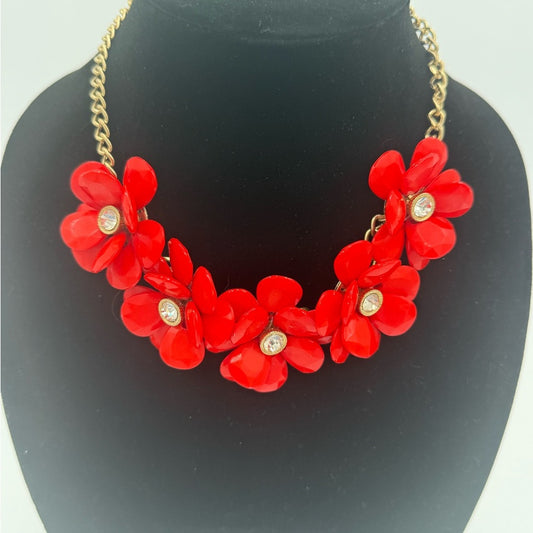 Elegant Vintage Red Floral Beaded Necklace on Gold-Tone Chain