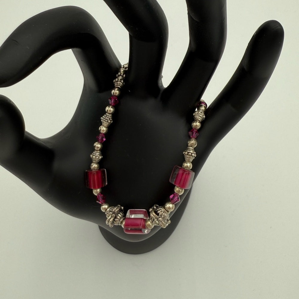 Sterling Silver Bali Beads and Pink Art Beads Toggle Bracelet