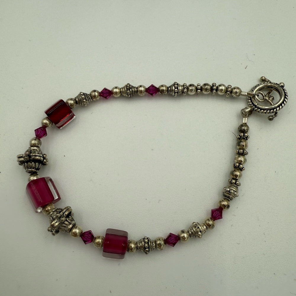Sterling Silver Bali Beads and Pink Art Beads Toggle Bracelet