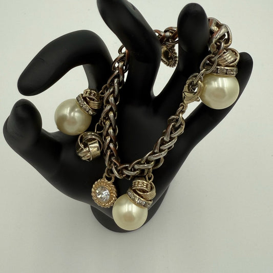 Elegant Vintage Silver-Tone Pearl and Sparkle Charm Bracelet