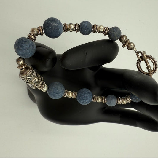 Blue Coral and Sterling Silver Bali Beads Bracelet With Round Toggle Clasp