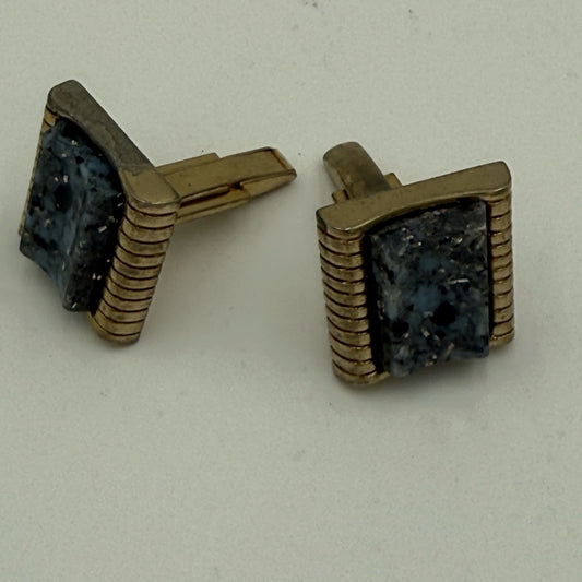 Vintage Cuff Links With Blue Marble in Gold-Tone Setting