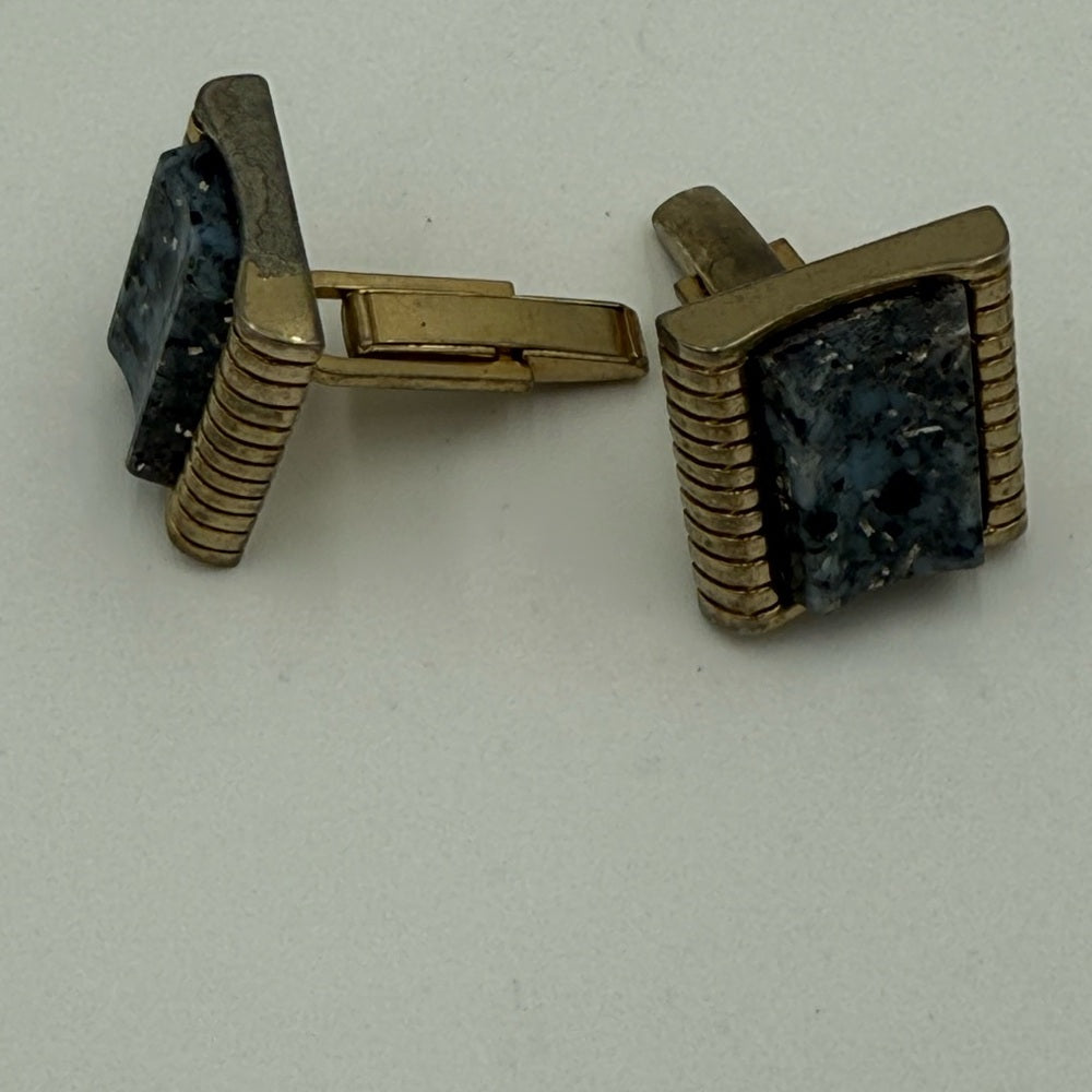 Vintage Cuff Links With Blue Marble in Gold-Tone Setting