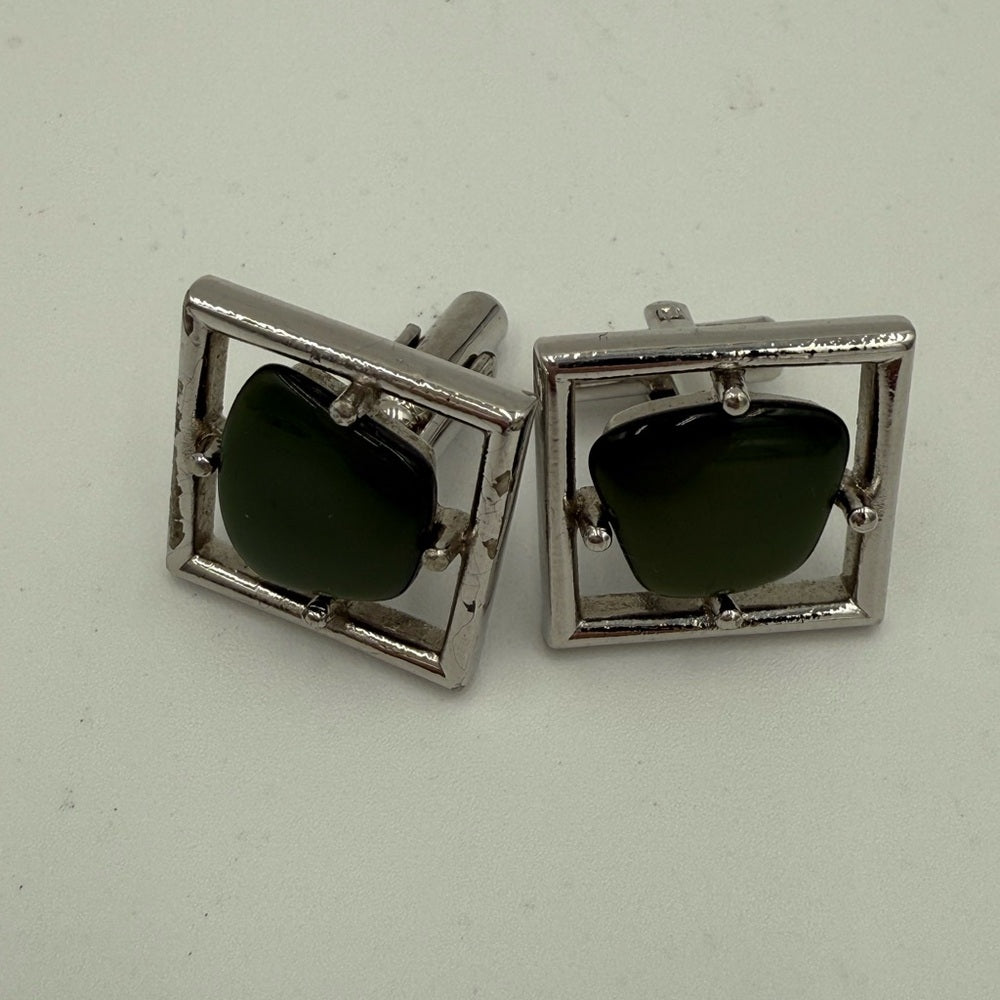 Vintage Silver and Jade Green Cufflinks