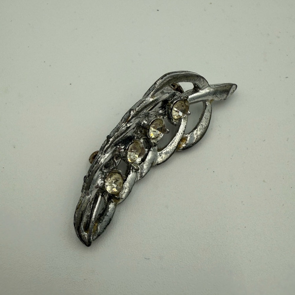 Vintage Elegant Silver Leaf Brooch With CZ Stones