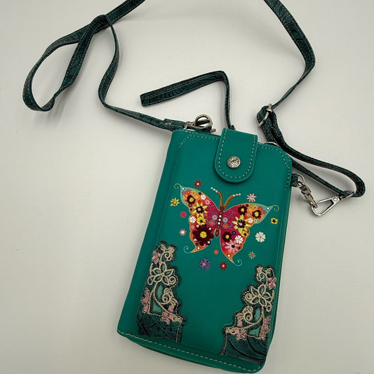 Butterfly Embellished Teal Crossbody Wallet Wristlet w/ Phone Pocket