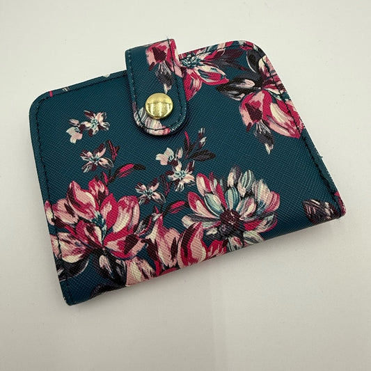 Stylish and Compact Teal Wallet With Pink Floral Pattern