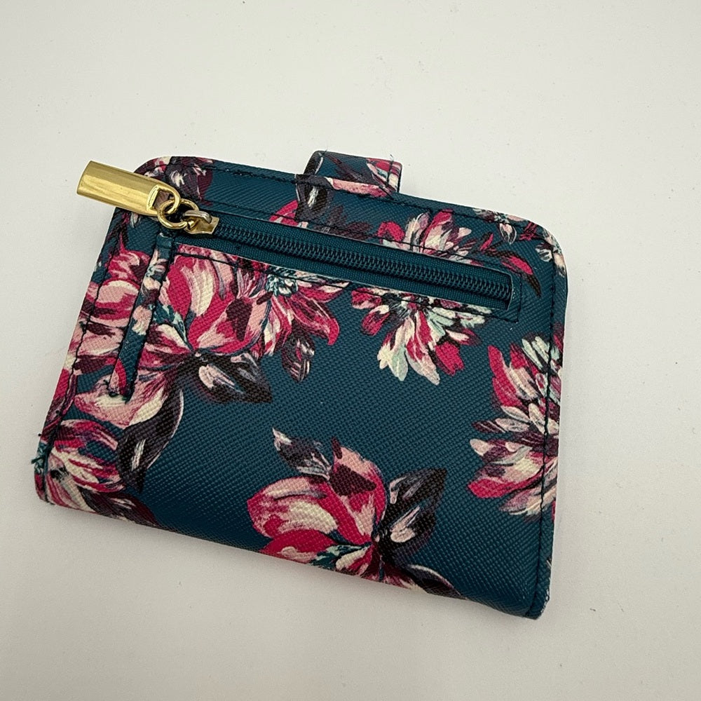 Stylish and Compact Teal Wallet With Pink Floral Pattern