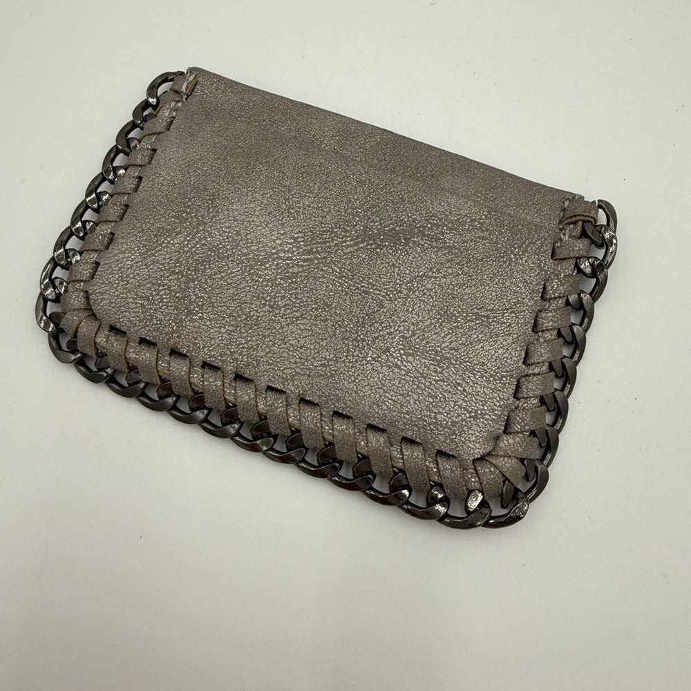 Vintage Gunmetal Gray Leather Chain-Trimmed Women's Card Wallet