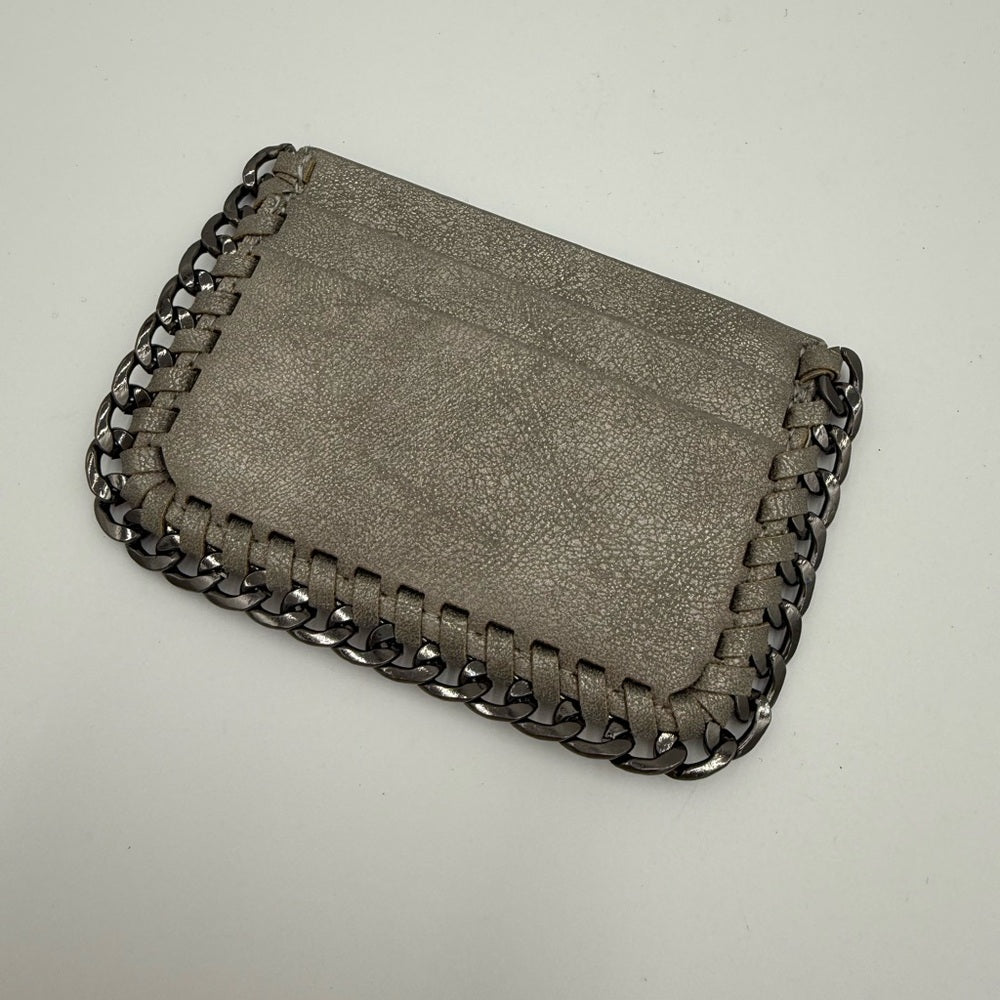 Vintage Gunmetal Gray Leather Chain-Trimmed Women's Card Wallet