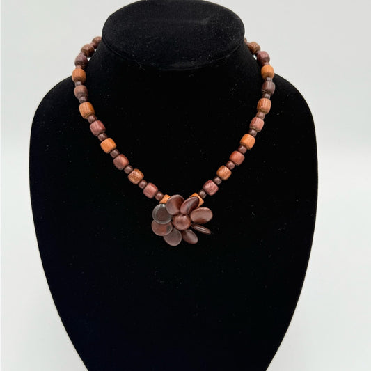 Vintage Wooden Flower Beaded Necklace
