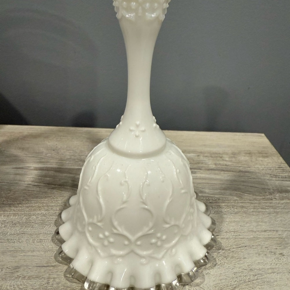 Fenton Textured Glass White Bell With Antique Metal Clapper