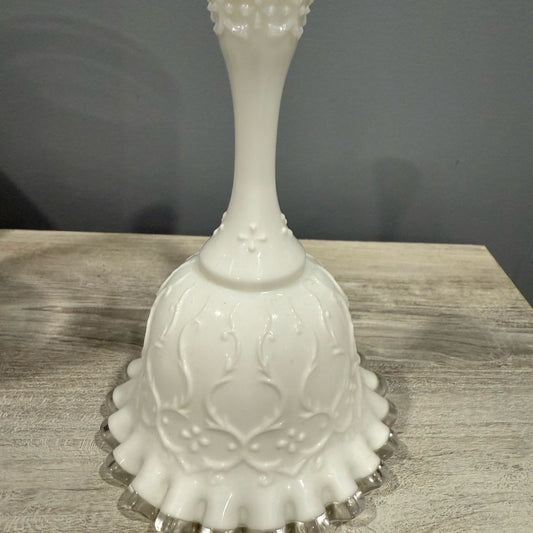 Fenton Textured Glass White Bell With Antique Metal Clapper