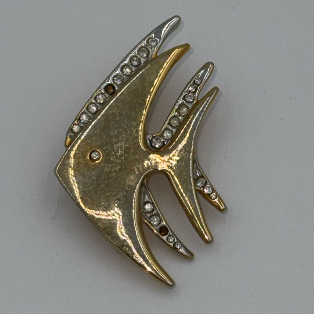 Vintage Gold and Silver Fish Brooch With CZ Sparkles
