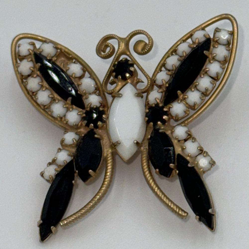 Vintage Gold-Tone, Black, and White Butterfly Brooch With Sparkling CZs