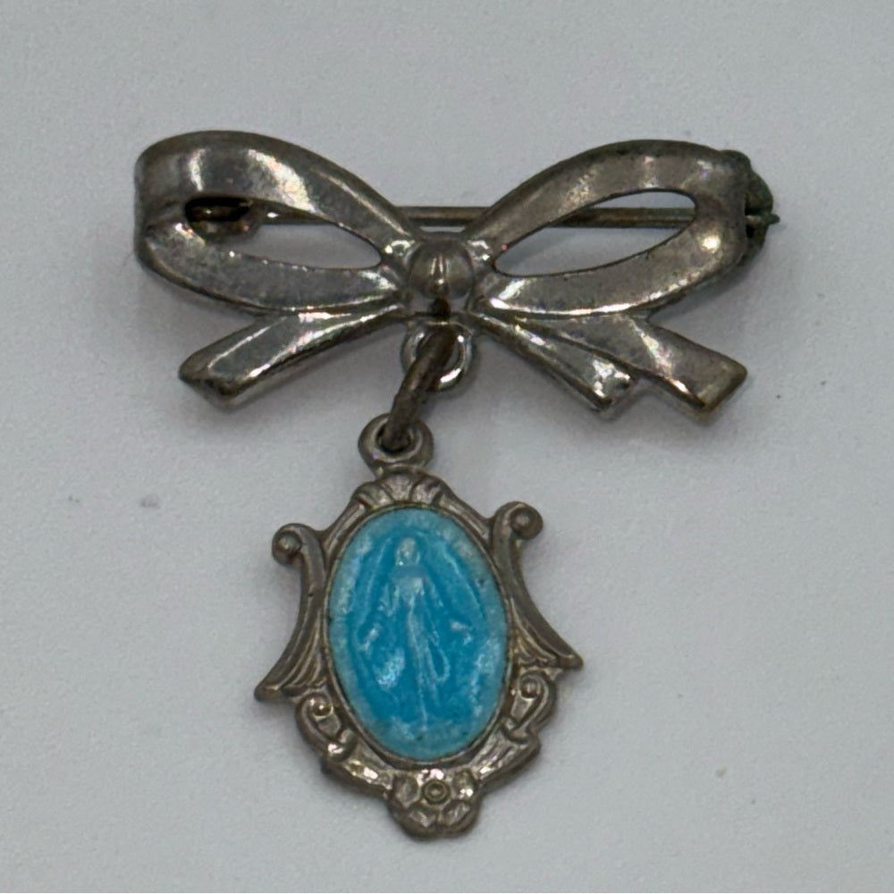 Vintage Silver-Tone and Turquoise Blue Bow Marion Cross Catholic Pendant Brooch