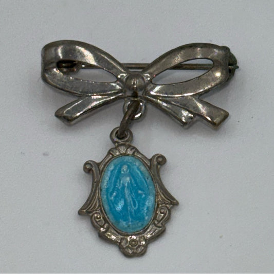 Vintage Silver-Tone and Turquoise Blue Bow Marion Cross Catholic Pendant Brooch