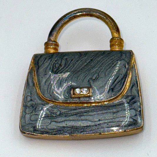 Vintage Gray and Gold-Tone Women's Enamel-Coated Handbag Brooch w/CZs